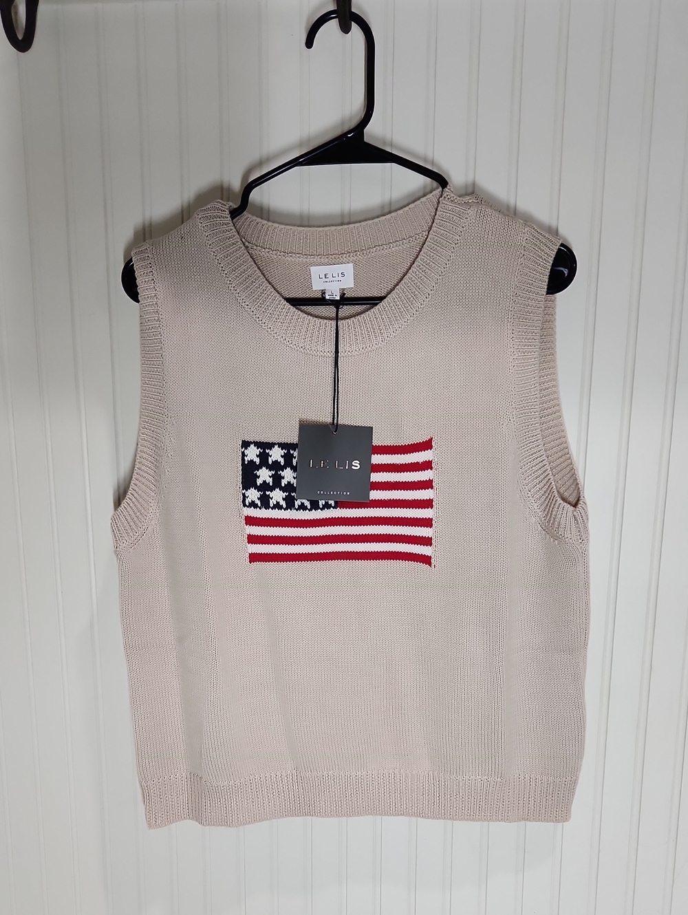 Le Lis Beige Knit Sleeveless Vest with Red, White & Navy Flag